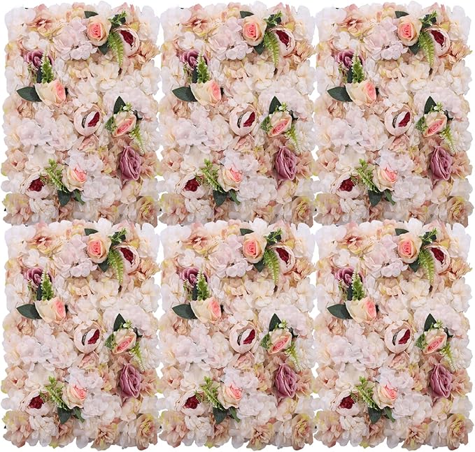 Pink Yellow Flower Wall Panels, Artificial Peony Rose Backdrop, 6Pcs 3D Silk Floral Panels for Wedding Decor, Party Background, Home Wall Decoration (40x60cm)