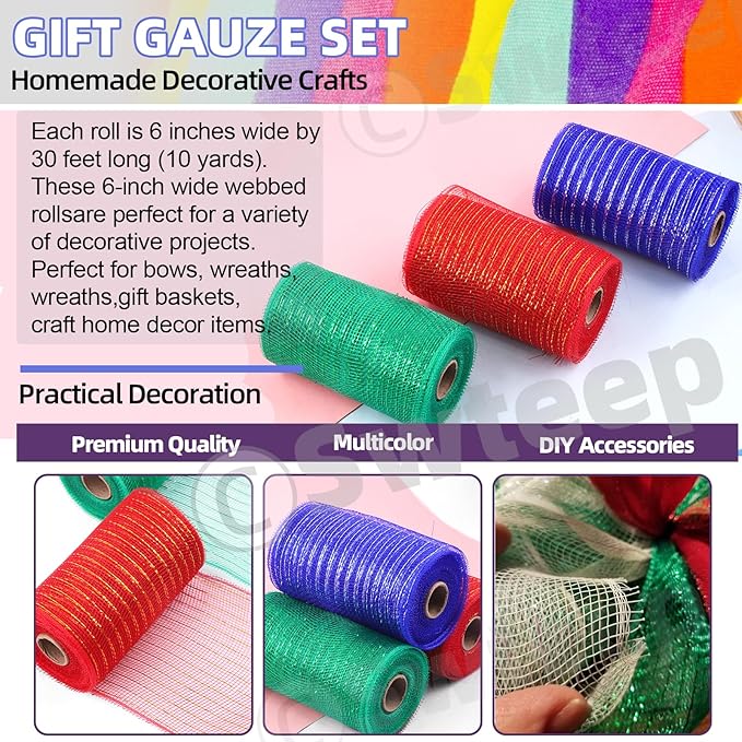 Swpeet 3 Rolls 6 Inches Mesh Ribbon Glitter Metallic Wrapping Ribbon Kit, Glitter Tulle Fabric Spool Ribbon Metallic Foil Mesh Ribbon for DIY Project Wreaths Party Decorations Wrapping Craft