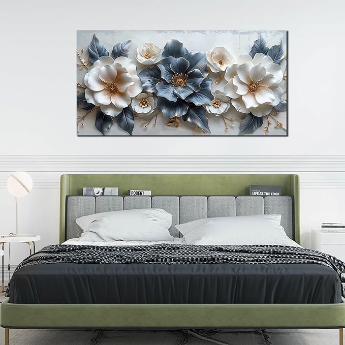 Flower Canvas Wall Art for Office Blue and White All Decor for Bedroom Women Big Wall Art for Living Room Modern Size 29" x 58"