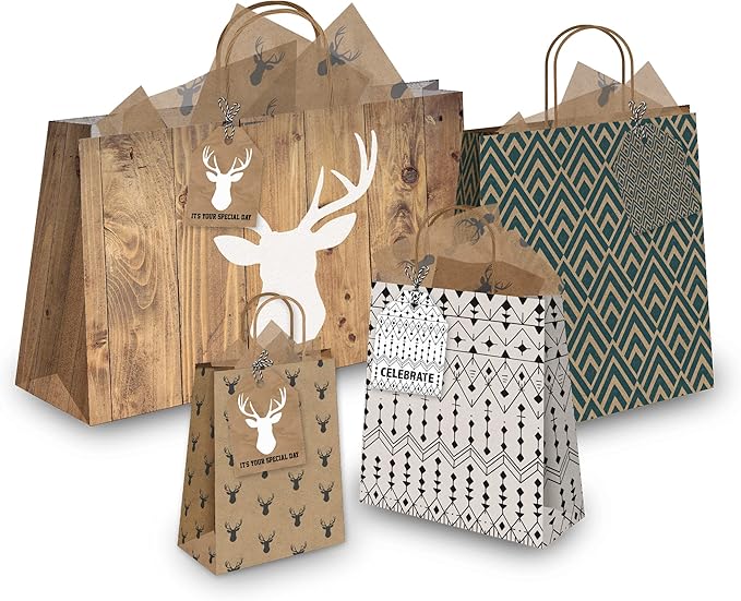 Pro Supply Global 24 Count of 2.5 Inch x 3 Inch Pre Strung Deer Heads Gift Tag Assorted Printed Designs on Large Cardstock Gift Hang Tags - Ideal to Use on Bags