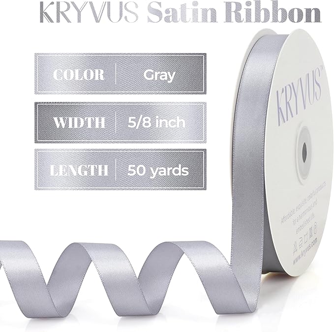 Gray Satin Ribbon, Double Faced 5/8 Inch X 50 Yards Gray Ribbon, Premium Satin Ribbon for Gift Wrapping, Crafts, Hair Bow Making, Sewing, Flower Bouquet, Wedding Party Decor