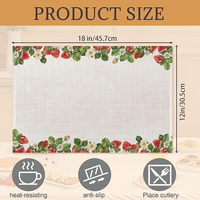 Strawberry Placemats Set of 6,Washable Heat Resistant 12×18 Inch Linen Table Mats Cute Place Mats for Party Outdoor Dining Décor
