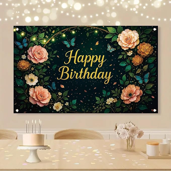 Greenery Birthday Backdrop Sage Green Floral Butterfly Banner String Lights Party Decorations Photography Background for Women Girls Birthday Supplies Photo Booth Prop 71 x 43 Inch
