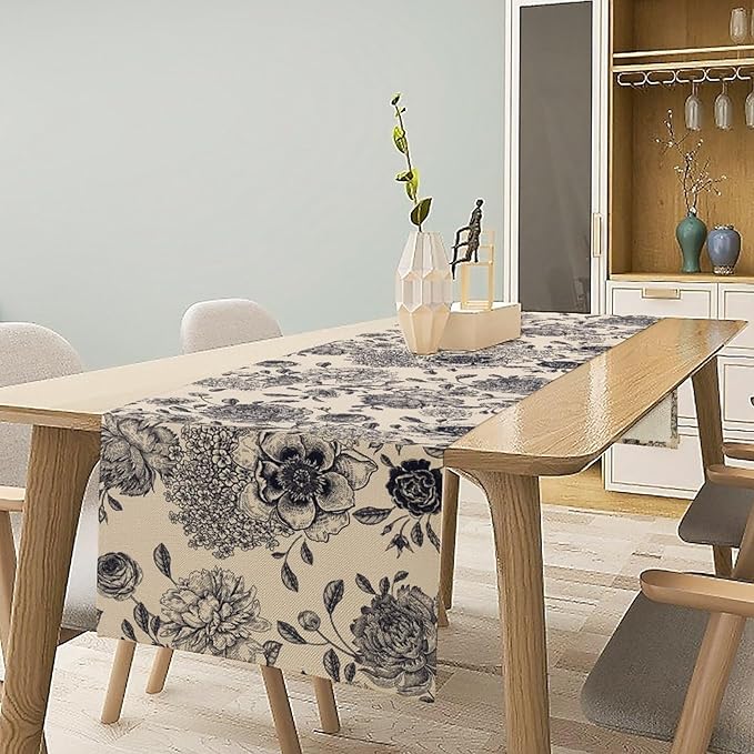 Black White Flower Table Runner,Vintage Wildflower Decor Table Runner for Home Kitchen Table Dining Indoor Outdoor Party Decor 13x108 Inch