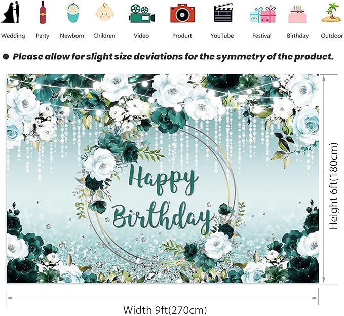 Renaiss 9x6ft Floral Happy Birthday Backdrop for Woman Fabric Green White Flowers Blooming Flower Photography Background Shinning Diamond Photo Backdrops for Birthday Party Supply