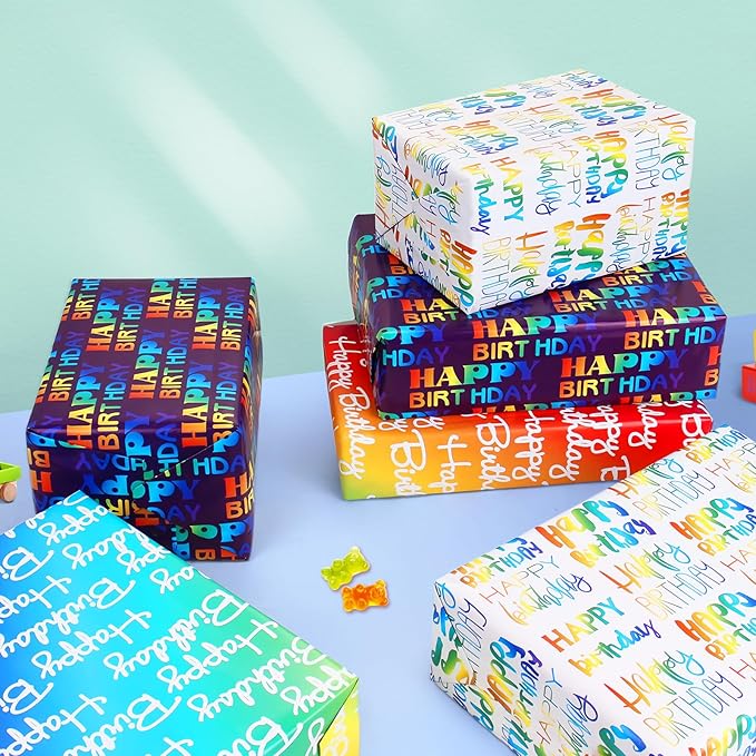 BWLOIES Wrapping Paper Birthday Wrapping Paper Sheets Hradient Multi-colour Happy Birthday Paper Set Include Bday Gift Wrap withTags & Ribbon,Present wrap for Boys Men Girls Women