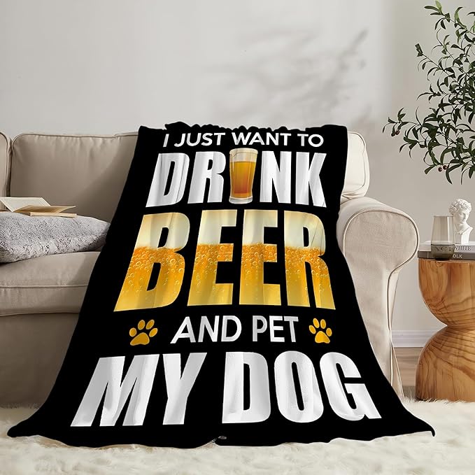 Funny Beer and Dog Throw Blanket - Gifts and Decor for Men Women Adults - Soft Warm Cozy Fleece for Couch Sofa Bed 80"x60"
