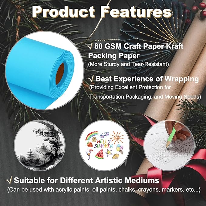 PATIKIL Wrapping Paper, 20"x2000"(160') Bulletin Board Paper Roll Kraft Paper Roll Construction 80GSM for Shipping Packing Gift Wrapping Craft Flower Bouquet Christmas, Light Blue