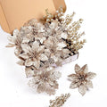 24Pcs Champagne Glitter Poinsettia Christmas Tree Ornaments and Glitter Berries Stems, 16Pcs Christmas Artificial Flowers and 8 Pack Christmas Tree Picks for Wedding Holiday Decorations