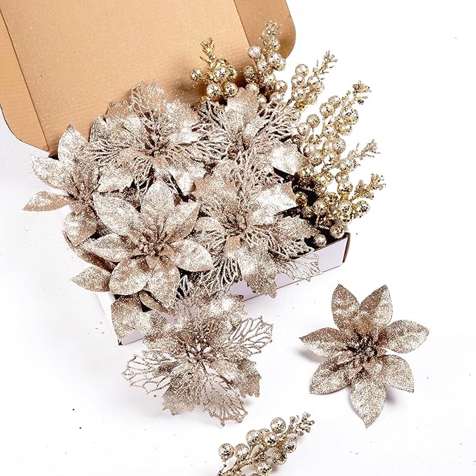 24Pcs Champagne Glitter Poinsettia Christmas Tree Ornaments and Glitter Berries Stems, 16Pcs Christmas Artificial Flowers and 8 Pack Christmas Tree Picks for Wedding Holiday Decorations