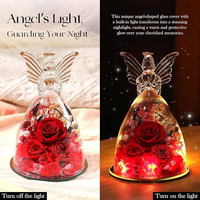 RoseValley Angel Roses Gifts for Mom,Preserved Real Flowers Roses in Glass Angel Figurines,Christmas Birthday Gifts for Grandma Women Mom Wife Mother in Law/Red