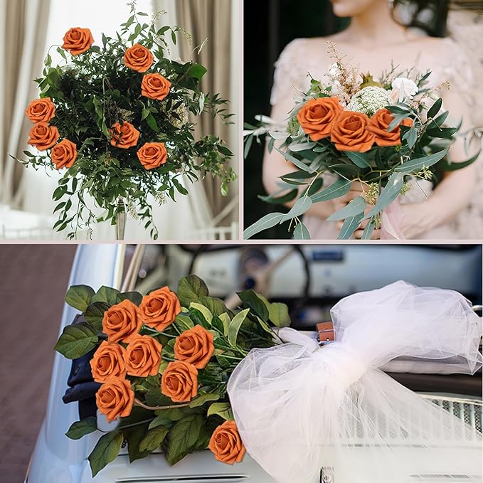 200PCS Artificial Flowers Burnt Orange Roses Real Looking Foam Fake Roses with Leaves and for DIY Wedding Bouquets Bridal Shower Centerpieces Party Decorations (Burnt Orange, 200)