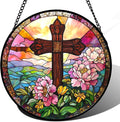 Christian Gifts for Women - Cross Stained Glass Window Hanging Jesus Easter Pink Flower Peony Sun Catcher Garden Religion Decor Mother's Day Catholic Gift for Men Grandma Mom Her Nana 7.8"