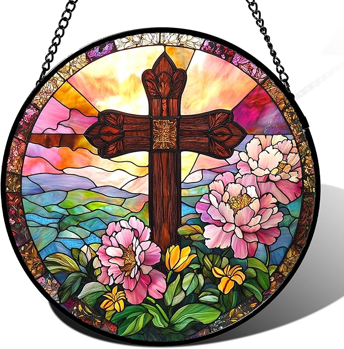 Christian Gifts for Women - Cross Stained Glass Window Hanging Jesus Easter Pink Flower Peony Sun Catcher Garden Religion Decor Mother's Day Catholic Gift for Men Grandma Mom Her Nana 9.8"
