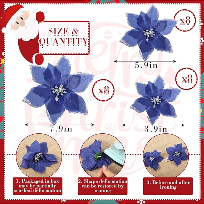 WILLBOND 24 Pcs 3 Size Poinsettia Flower Artificial Christmas Decor Glitter Poinsettia Christmas Ornaments Faux Flowers for Xmas Tree Outdoor(4/6/7.9 Inches,Navy Blue)