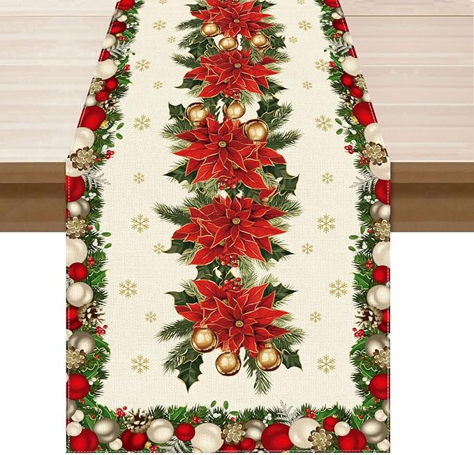 XCHI Christmas Poinsettias Leaves Bells Snowflakes Winter Xmas Table Runner Table Decoration for Home Kitchen Dining Holiday Decor 13x48 Inch