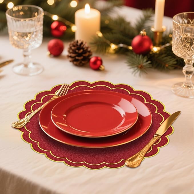 Set of 6 Christmas Round Placemats, 15 Inch Red Gold Christmas Cotton Linen Placemats with Scalloped Embroidery Edge Double Layered Washable Wrinkle Free Cloth Table Mats for Xmas Table Decor