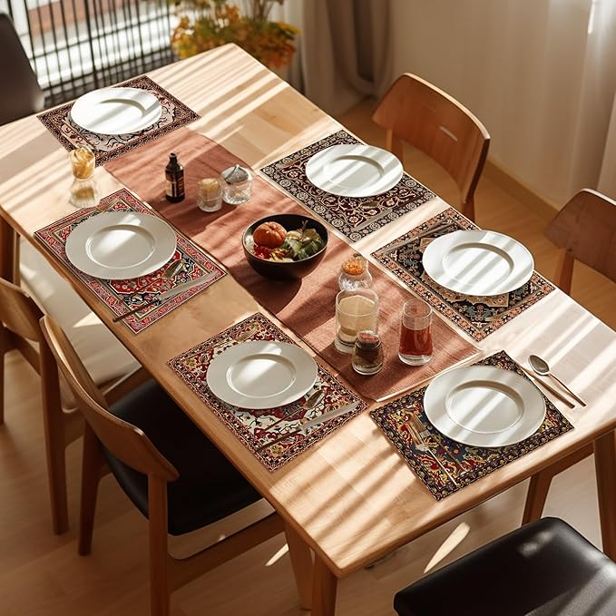 Fall Boho Carpet Placemats Set of 6, Washable Heat Resistant 12×18 Inch Linen Table Mats Orange Brown Place Mats for Party Outdoor Dining Decor