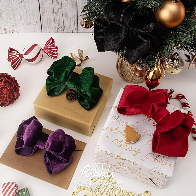 Ribbli Forest Green Velvet Wired Ribbon 2.5 Inch Velvet with Satin Christmas Ribbon for Gift Wrapping Christmas Tree Decoration Crafts Wreaths Supplies-Continuous 10 Yards