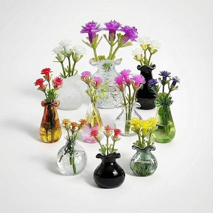 10-Pack Magnetic Mini Glass Vases Set with 30+ Flowers – Slam-Proof Strong Magnet for Fridge, Locker & Office Decor – Crystal Clear Bud Holders for Propagation for Women