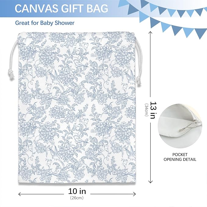 DSHFG Light Blue Toile Chinoiserie Floral Birthday Drawstring Gift Wrap Bags, Chinoiserie Baby Shower Drawstring Gift Bags Canvas, Small Happy Birthday Bag, Gifts for Women, 10x13 Inch