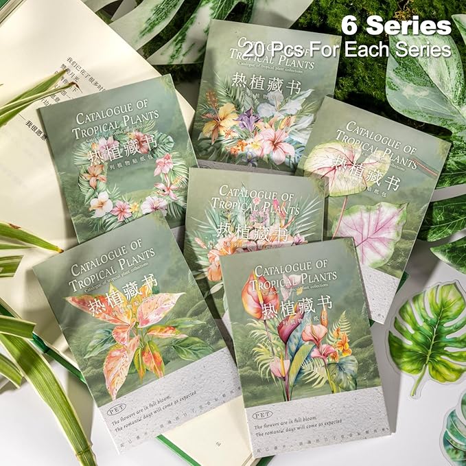 Tropical Botanical PET Sticker Set, 120Pcs Floral and Leaf Stickers for Scrapbooking, Journaling, Junk Journal Supplies, and DIY Crafts