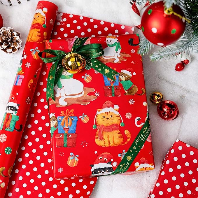 MAYPLUSS Christmas Wrapping Paper Roll - 17 Inch X 33 Feet - Cute Cat Christmas Hat Reversible Polka Dot Gift Wrapping Paper, Thick Wrap Paper for Holiday Party New Year Kids