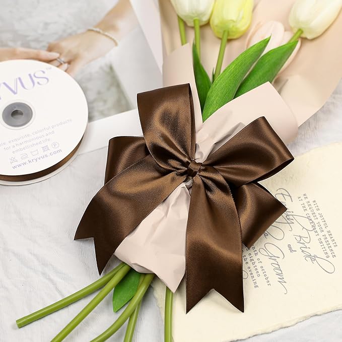 Brown Satin Ribbon, Double Faced 2 Inch X 25 Yards Brown Ribbon, Premium Satin Ribbon for Gift Wrapping, Crafts, Hair Bow Making, Sewing, Flower Bouquet, Wedding Party Decor