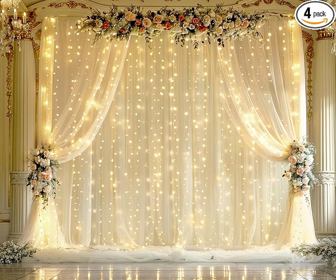 Champagne Tulle Photo Backdrop Curtain with Lights String for Parties Wedding Bridal Shower Sheer Champagne Curtain Backdrop for Birthday Baby Shower Photo Booth Photography 20ft x 8ft