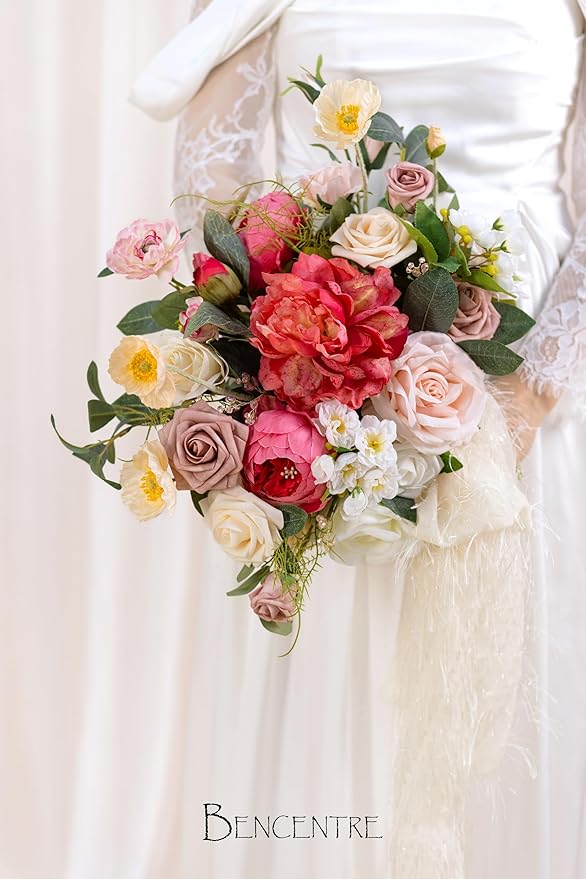 14 Inch Blush Wedding Bouquet for Bride,Spring Wedding Bouquet,hot pink Bridal Bouquets for Bride, for Wedding Ceremony Anniversary,Party and French Rustic Vintage Wedding,Artificial Flowers