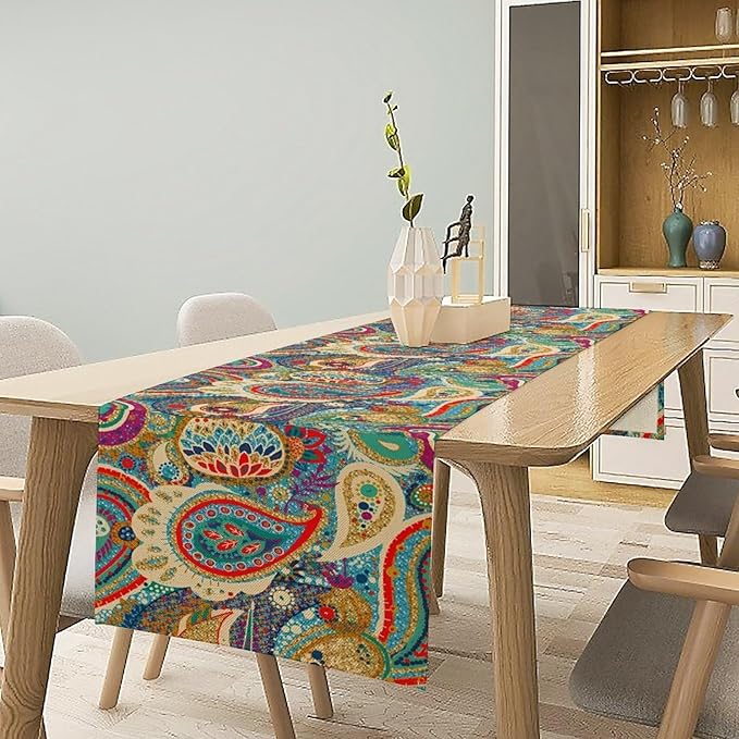 Boho Paisley Table Runner, Colorful Indian Mandala Floral Golden Aeccent Bohemian Style Table Runnner for Kitchen Dining Holiday Party Decoration, 13x70 Inch