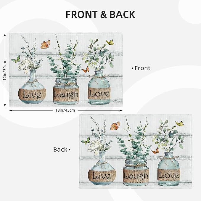 Eucalyptus Placemats Set of 4 Farmhouse Green Botanical Table Mats Washable Place mats for Home Party Indoor Kitchen Dining Table Decoration 12x18 Inch