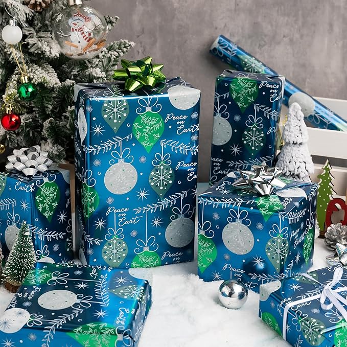 MAYPLUSS Christmas Gift Wrapping Paper Roll - 17 Inch X 33 Feet - Luxury Metallic Vintage Navy Blue Elegant Christmas Ornaments Winter Gift Wrap Present Paper for Holiday, Hanukkah, Festive Decoration