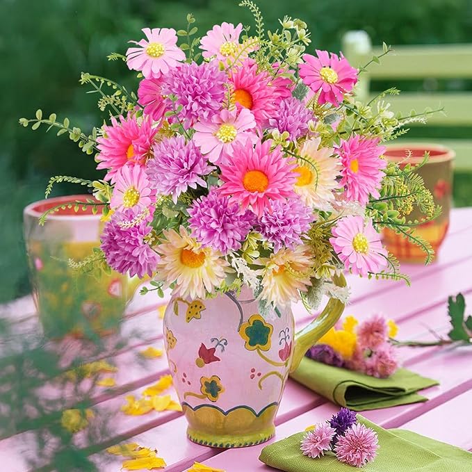 Daisy Flowers Artificial Silk Gerbera Daisy Fake Outdoor Bouquet Realistic Bulk WildFlowers Sunflower Bushes Pink Floral Arrangements Fall Cemetery Flowers for Grave Funeral Garden Home Multicolor
