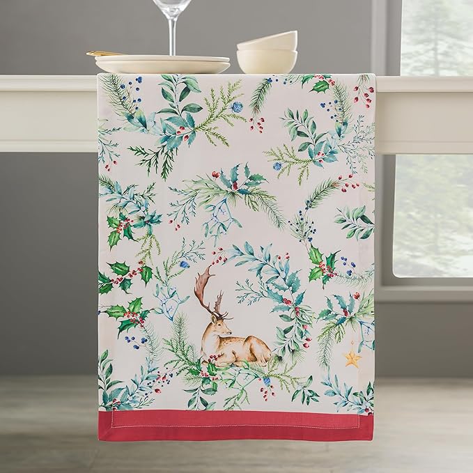 Maison d' Hermine Table Runner 100% Cotton Single Layer Table Runners 72 inches Long for Thanksgiving Christmas Decorations Home Kitchen Dining Party Wedding (Holly Time, 14.5" x 72")