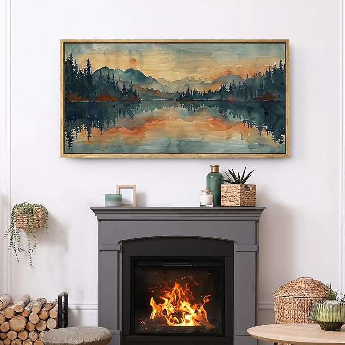 SIGNFORD Extra Large Framed Canvas Print Wall Art Peaceful Lake and Forest Illustrations Modern Art Calm Warm for Living Room, Bedroom, Office - 60"x30"