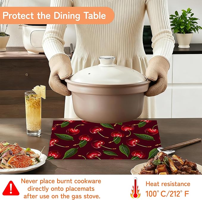 Cherry Table Mats Set of 6,Red Non-Slip Washable Placemats for Restaurant Home Kitchen Dinner Table 12x18Inch
