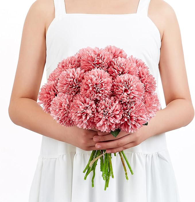 SITUMEIZI 12 Pcs Pink Artificial Chrysanthemums Flowers Ball Flower Fake Mums Silk for Wedding Home Kitchen Decoration Floral Arrangement