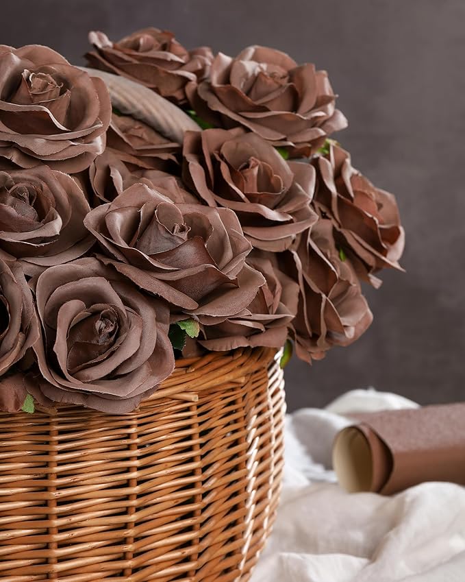 DuHouse 10pcs Fake Roses Artificial Silk Flowers Long Stems Bouquet for Arrangement Wedding Centerpiece Party Home Kitchen Decor(Mocha Brown)