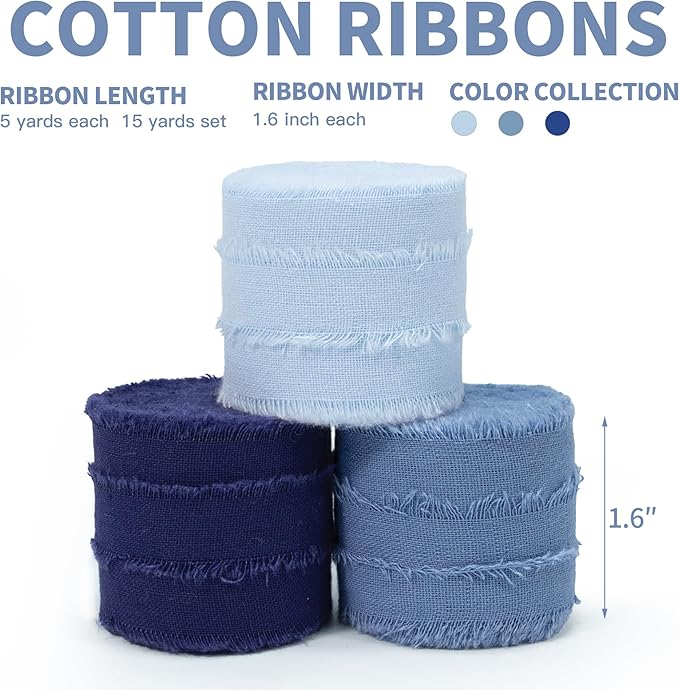 Blue Ribbon 1-1/2 Inch x 15 Yards Handmade Cotton Frayed Fringe Fabric Ribbons for Crafts Flower Bouquets Wedding Baby Shower Home DIY Decor