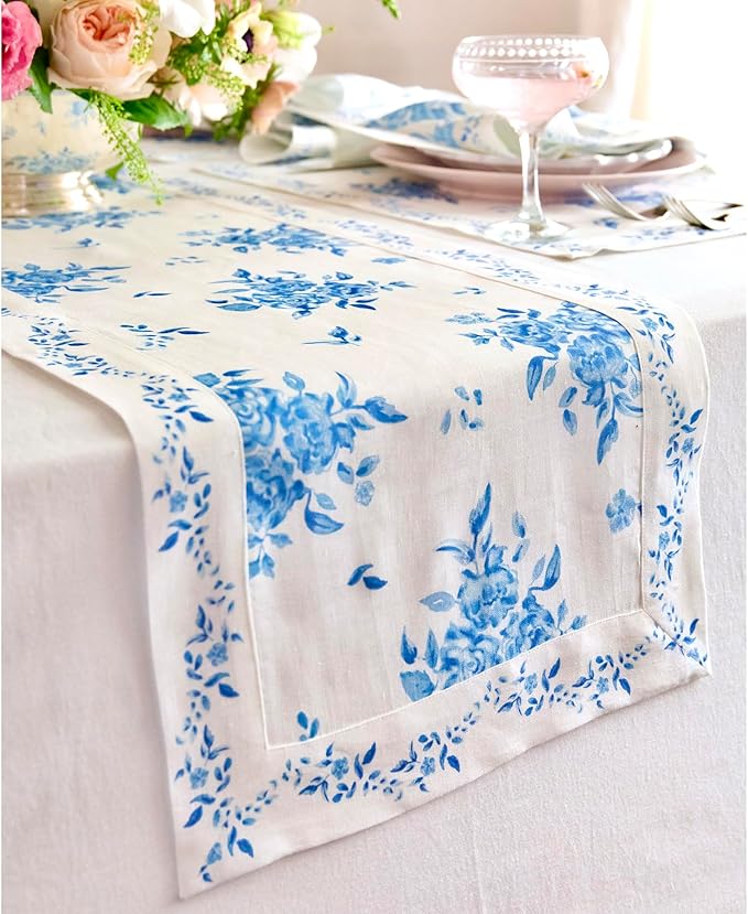 Solino Home Blue Floral Print Table Runner 90 Inches Long - 100% Pure Linen Table Runner 14 x 90 Inch - Handcrafted and Machine Washable - Jolie Fleur Print