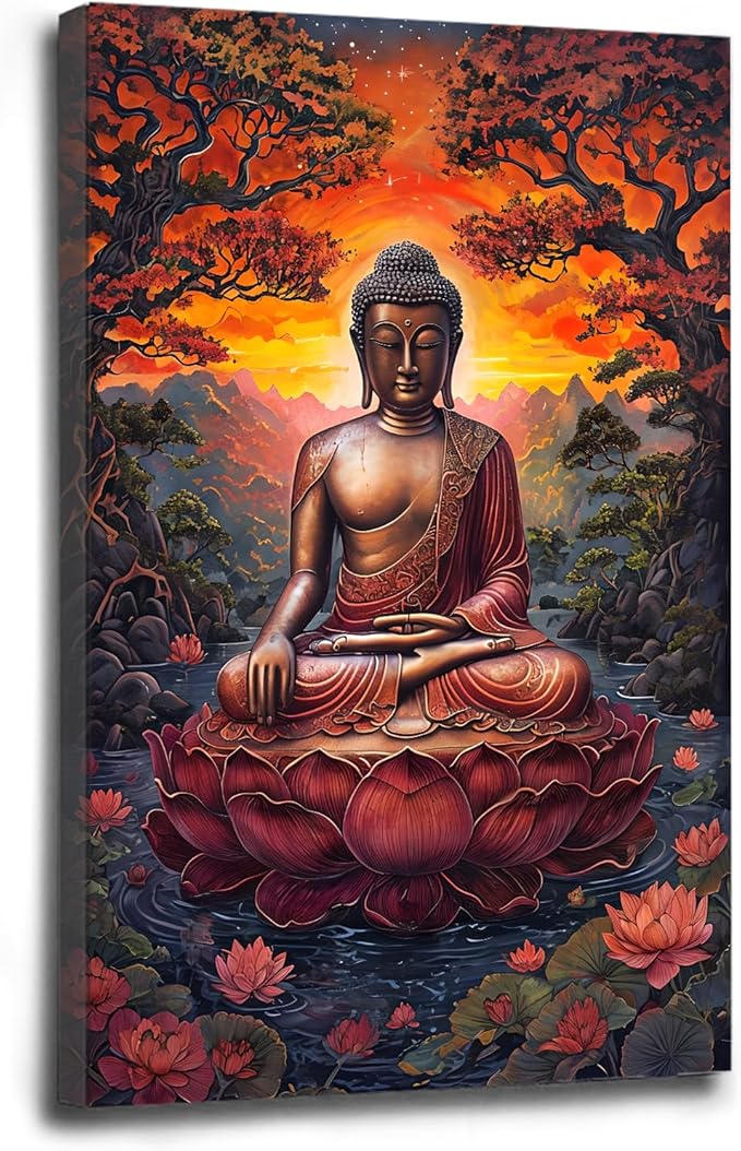 Golden Buddha on lotus seat serene meditation statue amidst lush trees flowing water and sunrise light spiritual home art for a tranquil decor 20x30in Wood Framed