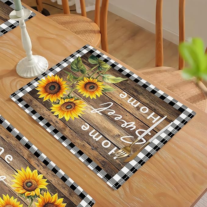 Farmhouse Sunflower Placemats Set of 6, Home Sweet Home Place Mats, Rustic Dining Table Mats, Washable Placemats for Kitchen Dining Room Home Decor 18L'' × 12W''