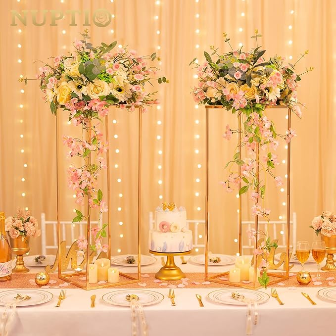 Nuptio Gold Vases for Centerpieces Wedding - 2 Pcs 31.5 inch Tall Metal Flower Vase Flowers Stand for Party Tables Decorations - Elegant Bulk Weddings Decoration Table Geometric Centerpiece Stand
