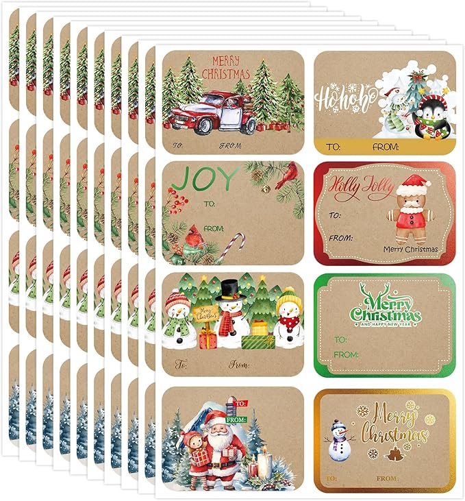 Jumbo Christmas Name Tags Stickers 120 Pack/8 Designs -Gift Tag with Reflective Metallic Foil for Christmas Presents (Vintage Brown)