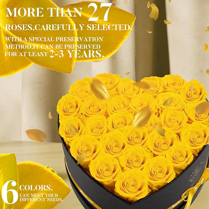 Preserved Rose in Heart Shape Box, 27 Forever Flowers, Eternal Roses, Birthday Gifts for Women, Her, Wife Mother's Day, Yellow