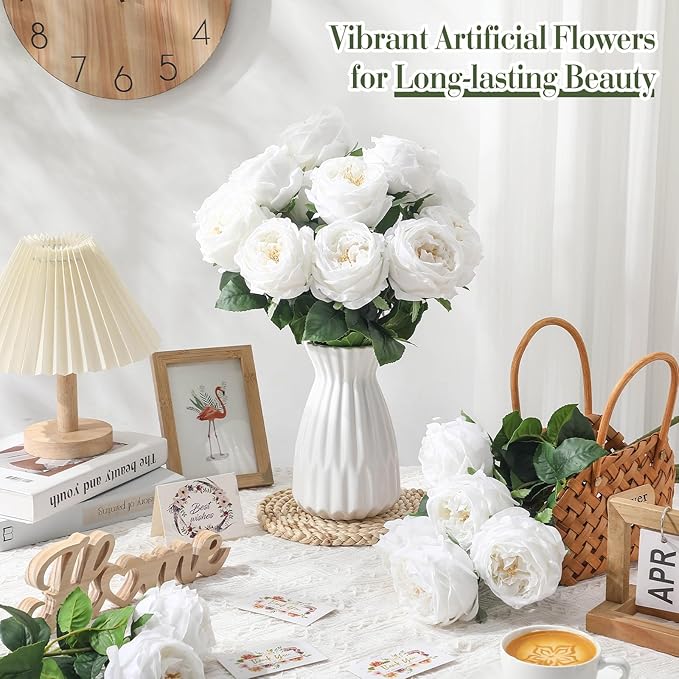 Giegxin 20 Pcs Real Touch Peonies Austin Roses Artificial Flowers, Faux Look Real Long Stems Fake Flower with Big Blooms for Christmas Valentines Wedding Party DIY Arrangement Home Decor(White)