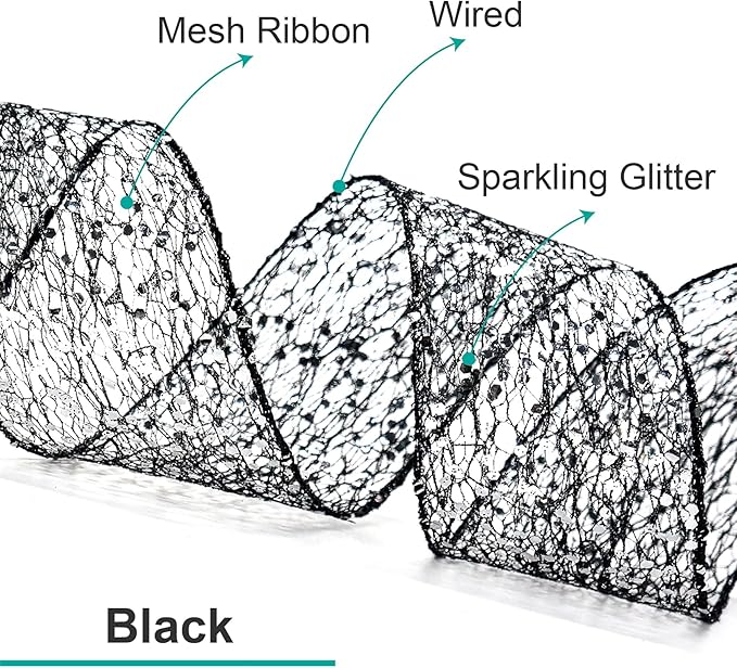 CT CRAFT LLC Sparkling Glitter Mesh Wired Ribbon 4" x 10 Yards Black for Christmas Home Decor Bow Gift Wrapping DIY Crafts Wreath