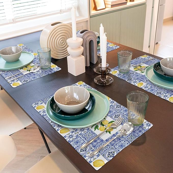 Lemon Table Placemats Set of 4 Blue Tile Print Linen Placemats for Indoor Outdoor Party Home Desktop Kitchen Dining Room Decor 12x18 Inch