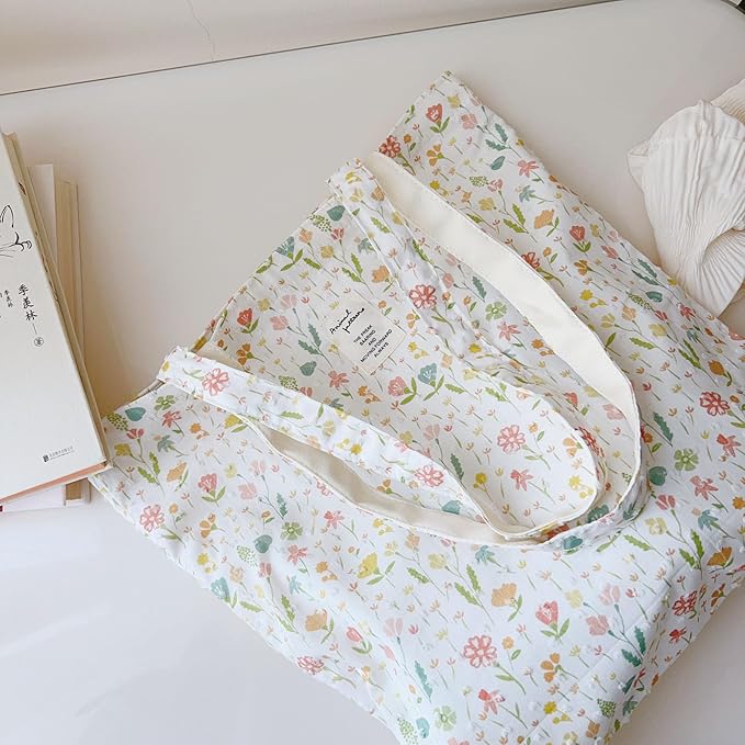 Cotton Canvas Tote Bag Reusable Soft Grocery Cloth Bag Floral Shoulder Bag for Beach Travel Shopping